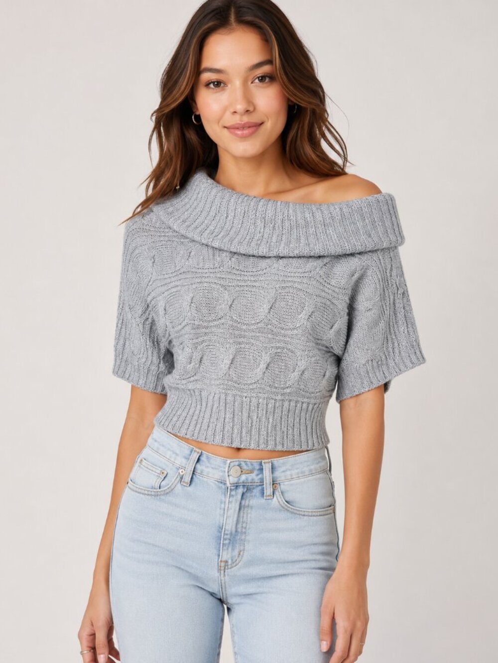Charlotte Russe - Gray Cowl Neck Short Sleeve Sweater Knit Top - Sz S